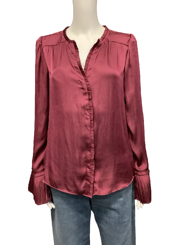 Paige Top Blouse Satin V Neck Maroon Size: XS Semi-Sheer Blouse