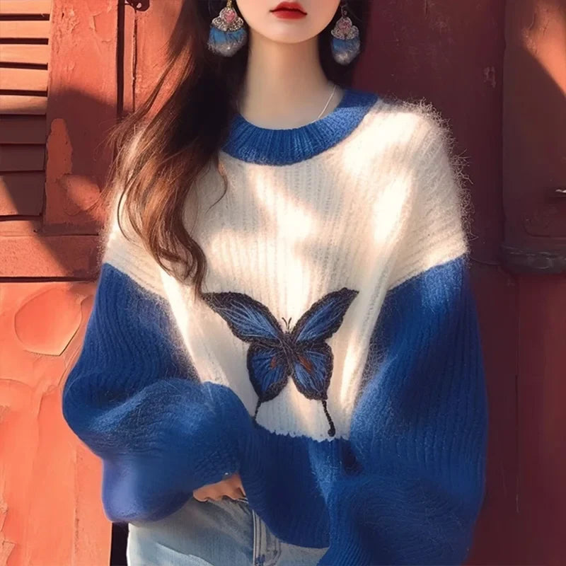 Wjczt Lazy Style Contrasting Color Klein Blue Soft Women's Sweater Autumn Winter Loose Korean Version Butterfly Printed Top for Women Nylon Fabric Polyester Fabric Spandex Fabric