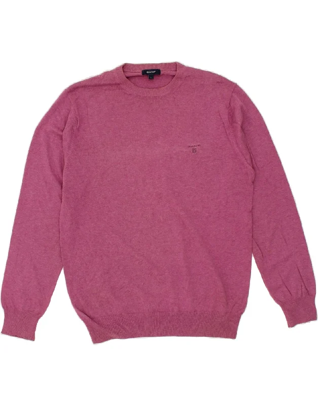 GANT Mens Crew Neck Jumper Sweater Large Pink Cotton Print Jacquard Patchwork