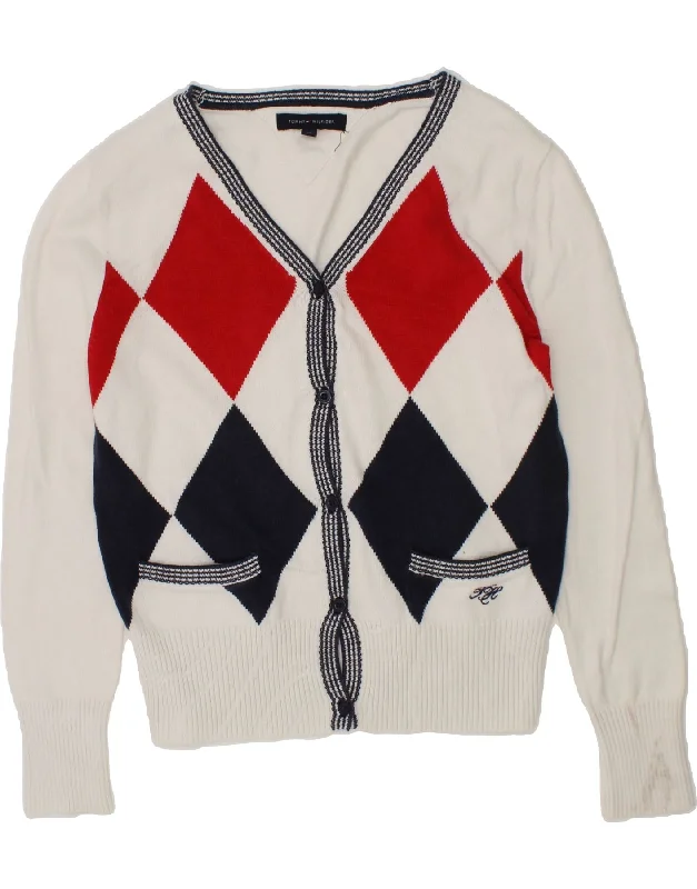 TOMMY HILFIGER Girls Cardigan Sweater 9-10 Years White Argyle/Diamond Print Jacquard Patchwork