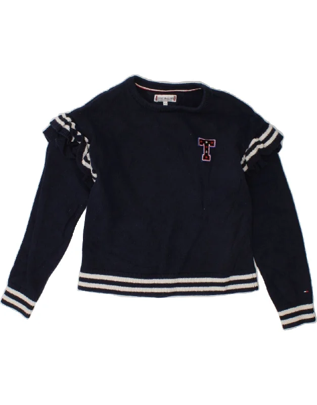 TOMMY HILFIGER Girls Crew Neck Jumper Sweater 4-5 Years Navy Blue Cotton Real Fur Shearling Chenille