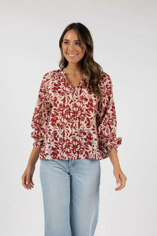 Eden Blouse in Brick Print HS24315 by Humidity Lifestyle Gathered Detail Blouse