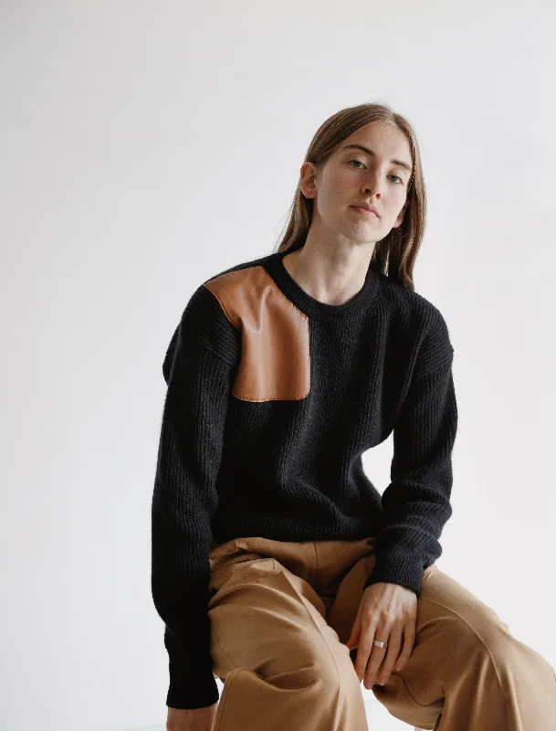 Shoulder Patch Sweater Navy Velvet Chenille Corduroy