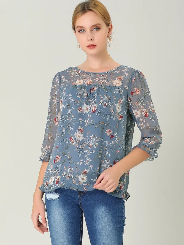 Casual Ruffle 3/4 Sleeve Floral Print Chiffon Blouse Elegant Lace Blouse