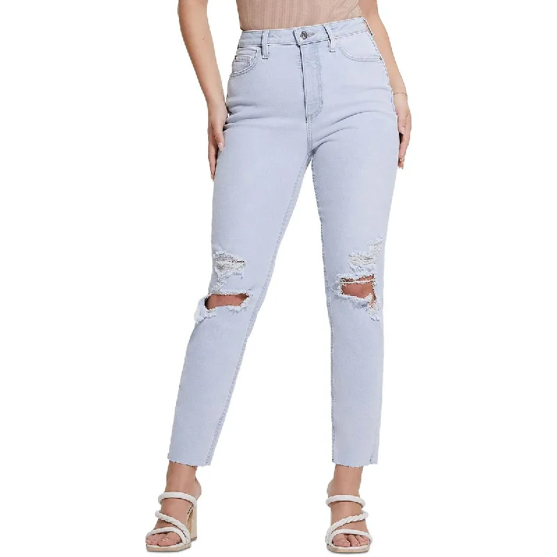 Womens Destroyed High Rise Mom Jeans Fashionable Frayed Hem Denim
