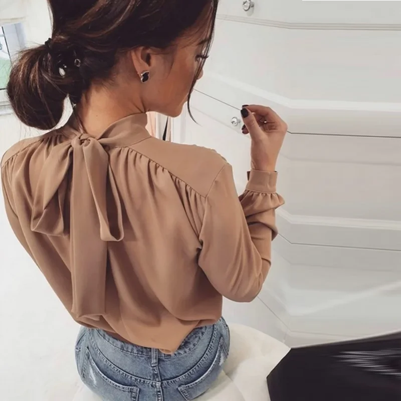 Women Office Lady Back Bow Bandage Blouse Long Sleeve Stand Collar Solid Elegant Casual Shirts 2020 Autumn New Fashion Blouse Subtle Shimmer Blouse Women Office Lady Back Bow Bandage Blouse Long Sleeve Stand Collar Solid Elegant Casual Shirts 2020 Autumn New Fashion Blouse Subtle Shimmer Blouse
