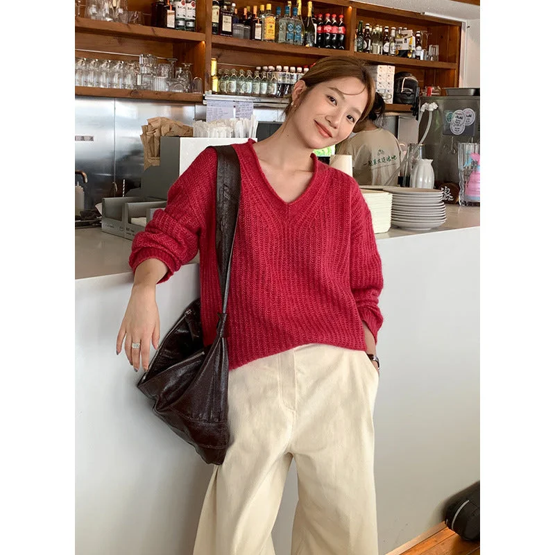 Wjczt Fall Outfits Lazy Style Thick Needle Sweater for Women 2024 Autumn New V-neck Knitted Top Elegant Classic Vintage