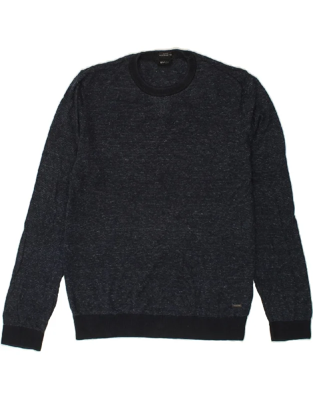 HUGO BOSS Mens Slim Fit Crew Neck Jumper Sweater Small Navy Blue Cotton Notch Collar Peter Pan Collar Cowl Neck