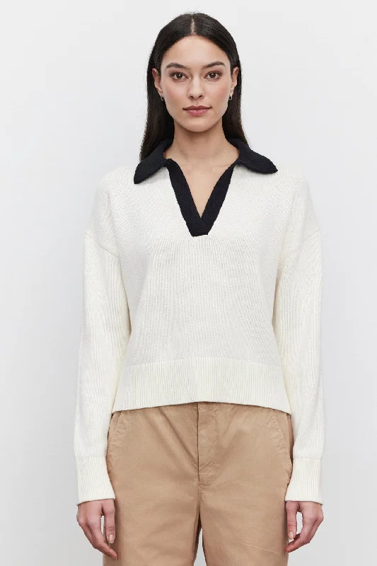 LUCIE COTTON CASHMERE POLO SWEATER Silk Blend Satin Velvet