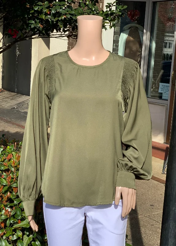 Olive gathered arm blouse Cotton Casual Blouse
