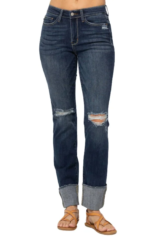 Destroyed Cuffed Straight Leg Jeans In Blue Comfortable Zip-Up Skinny Jeans