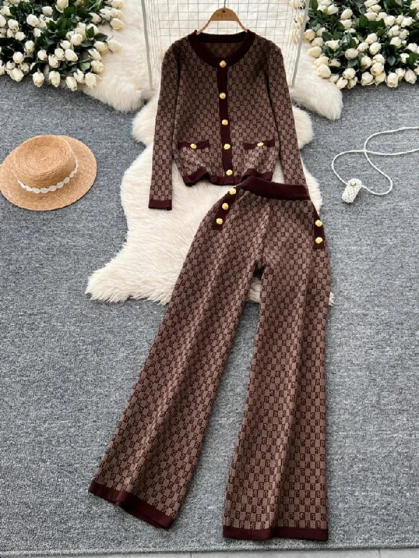 Wjczt Autumn Winter Printed Knitted Two Piece Sets Women Round Neck Long Sleeve Sweater High Waisted Wide Leg Pants Vintage Tracksuits Hooded Caped Shawl Collar