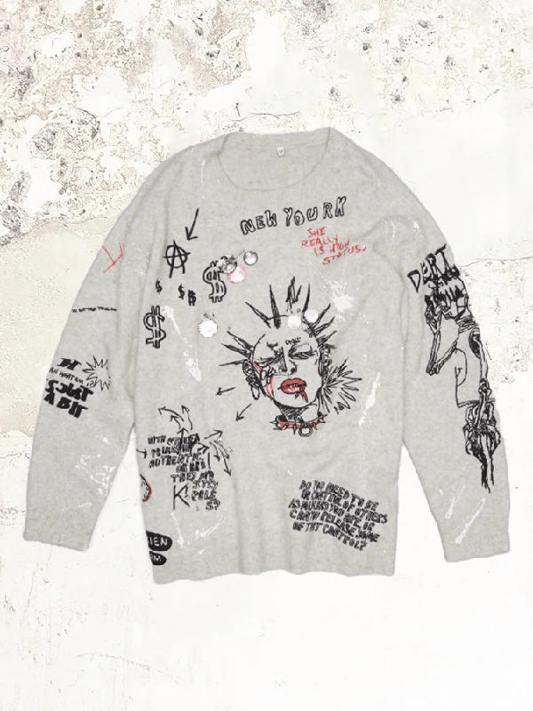 r13 embroidered boyfriend sweater Denim Fabric Leather Fabric Suede Fabric