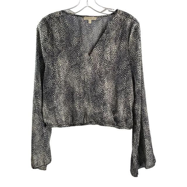PROMESA Size LARGE Tan/Black Dots Wide BLOUSE Frilled Cuff Blouse