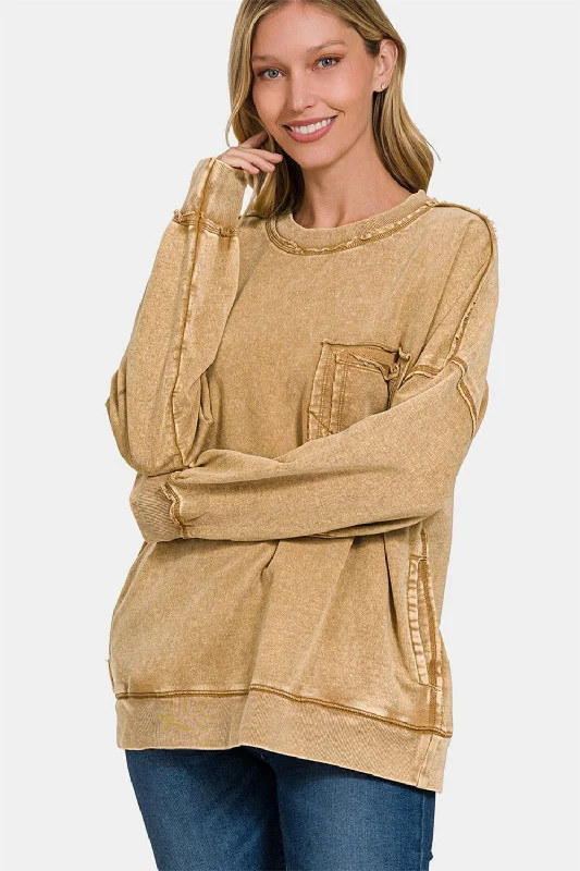 Zenana Exposed Seam Round Neck Dropped Shoulder Sweatshirt Hoodie with Earth Tones Natural Calm