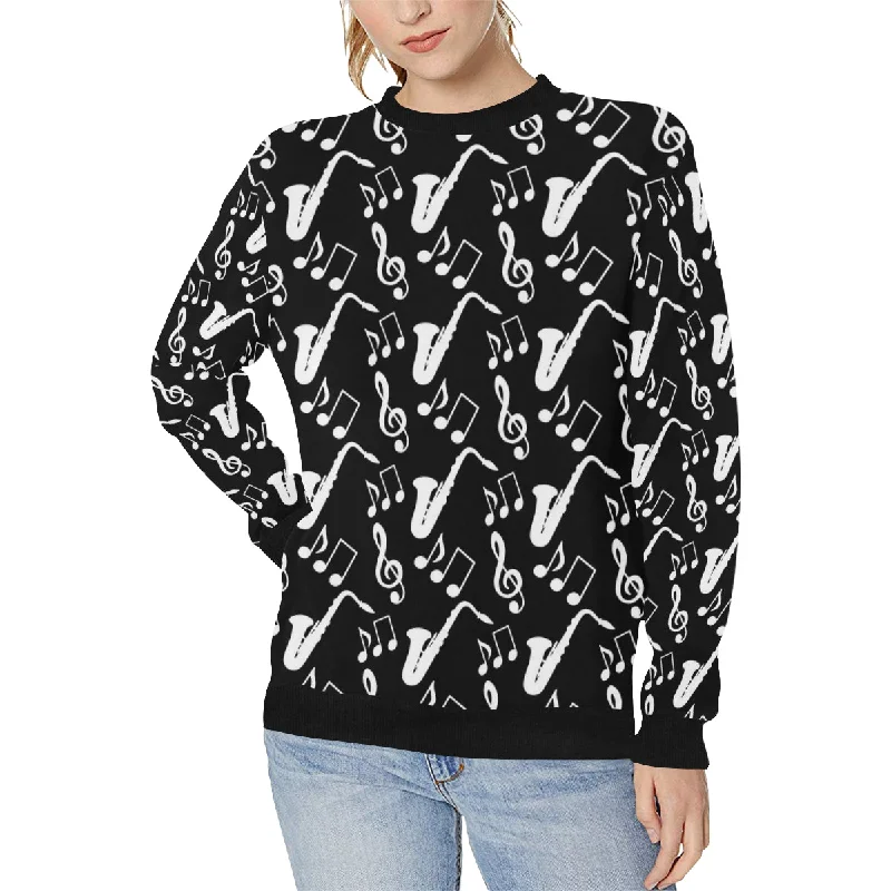 Saxophone music notes treble clef black white them Women's Crew Neck Sweatshirt Hoodie with Ribbed Cuffs Snug Fit Comfort