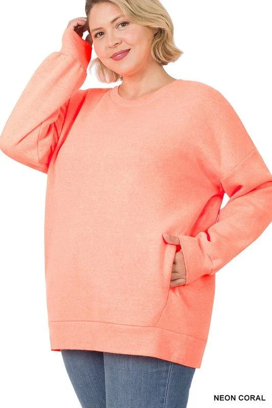 Zenana Plus Long Sleeve Round Neck Sweatshirt Hoodie with Ribbed Cuffs Snug Fit Comfort