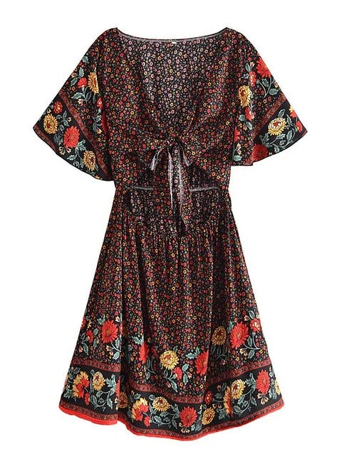 Women Floral Print Rayon Cottton Deep Bow Neck Bohemian Mini Dress Trendy Mini Dress with Belt