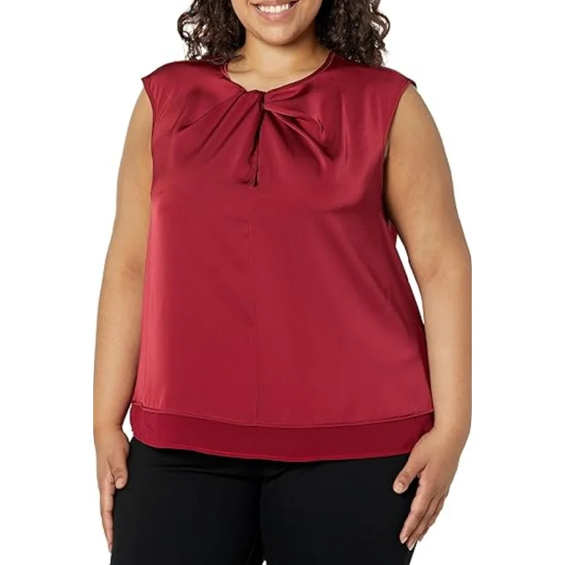 CALVIN KLEIN Womens Twist Neck Blouse 3X Red Sleeveless Elegant Shiny Crepe NWT Stretchy Fitted Blouse CALVIN KLEIN Womens Twist Neck Blouse 3X Red Sleeveless Elegant Shiny Crepe NWT Stretchy Fitted Blouse