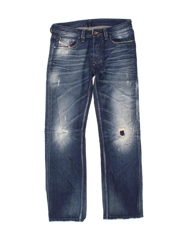 DIESEL Mens Distressed Straight Jeans W32 L32 Blue Colourblock Cotton Stylish High-Waist Jeans