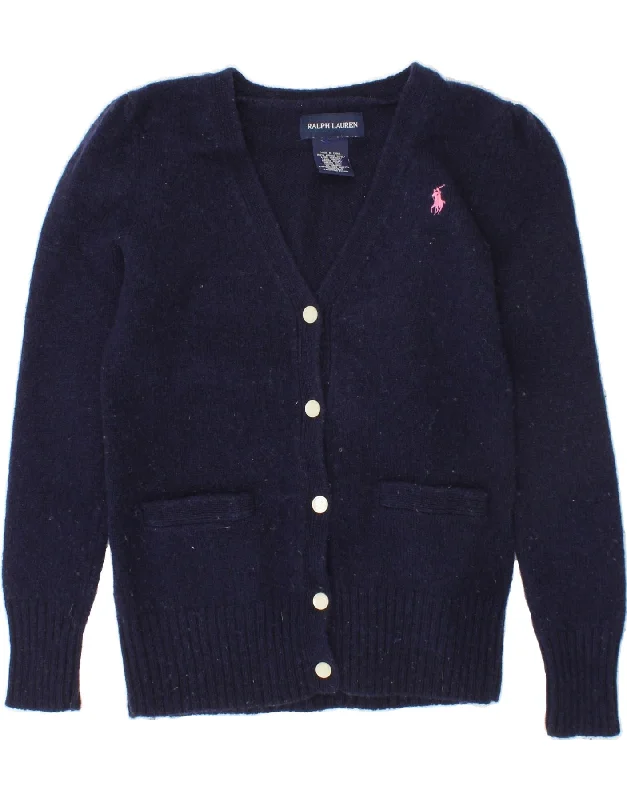 RALPH LAUREN Girls Cardigan Sweater 2-3 Years Navy Blue Merino Wool Fleece Sweater Nylon Polyester