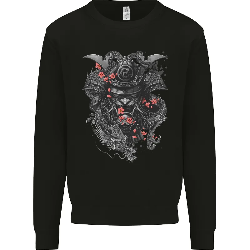 A Samurai Head with Dragons Warrior MMA Mens Sweatshirt Jumper Hoodie with Cuffed Sleeves Snug Secure