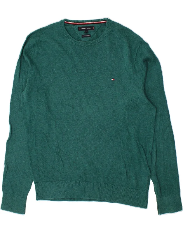 TOMMY HILFIGER Mens Crew Neck Jumper Sweater Large Green Cotton Slim Fit Regular Fit Oversized