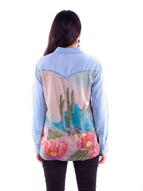 Women's Honey Creek Collection Blouse: Denim and Cactus Boho Chic Blouse
