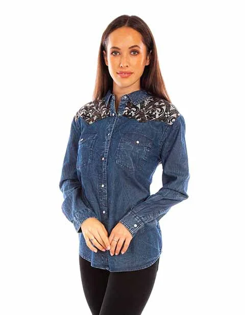 Women's Honey Creek Collection Blouse: Vintage Denim Gathered Detail Blouse