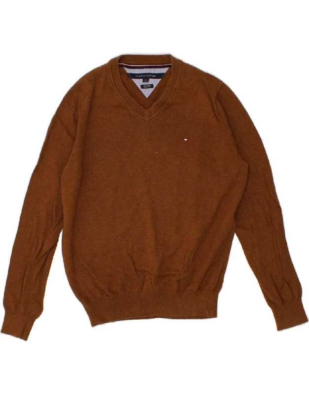 TOMMY HILFIGER Mens V-Neck Jumper Sweater Medium Brown Cotton Oversized Loose Flowy