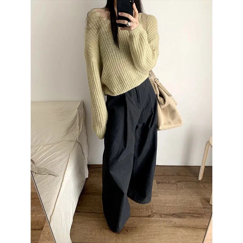 Wjczt Fall outfits Weaelab 2024 Autumn New Korean Style Loose Hollow Wool V-neck Knitted Sweater for Women Trendy Lw7275 Beaded Sweater Sequined Faux Fur