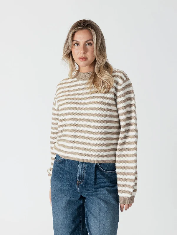 Kitten Sweater - Caramel White Stripe Graphic Sweater Embroidered Appliqued