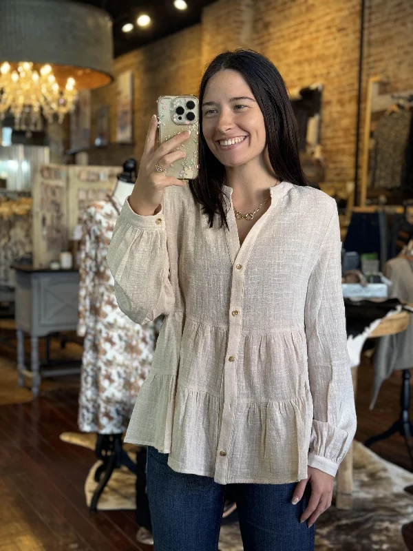 Trish Tiered Rustic Blouse [Oatmeal] Textured Cotton Blouse