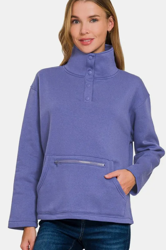 Zenana Turtleneck Half Snap Fleece Sweatshirt In Purple Hoodie with Back Slit Movement Comfort