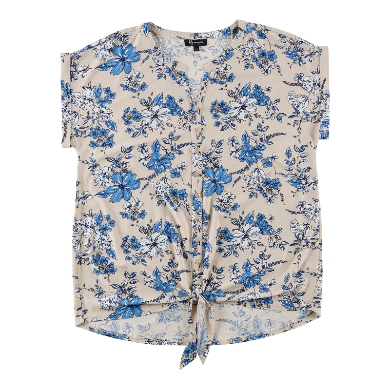 lily morgan Women's Plus All-Over Printed Short Sleeve Blouse with Front Tie Feminine Puff Blouse