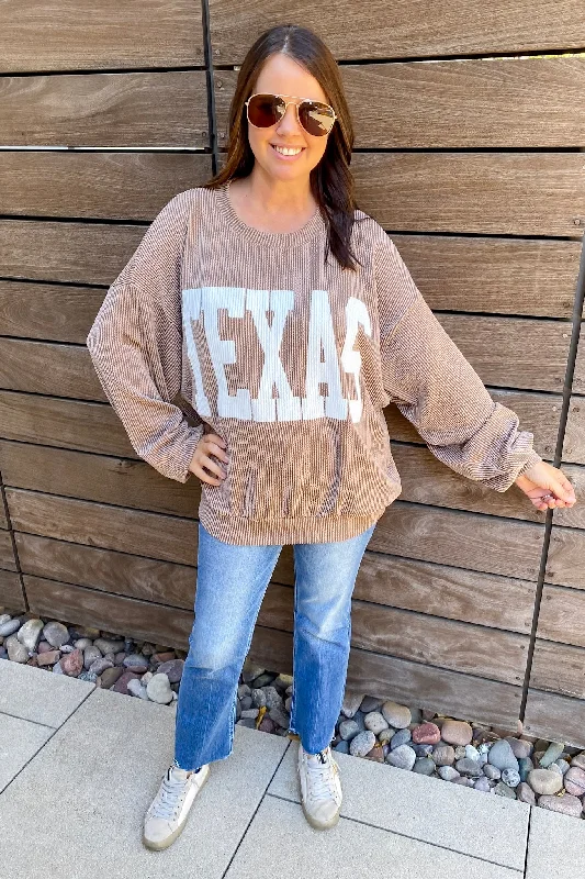 Texas Corduroy Graphic Mocha Sweater Front Pockets Side Pockets Patch Pockets