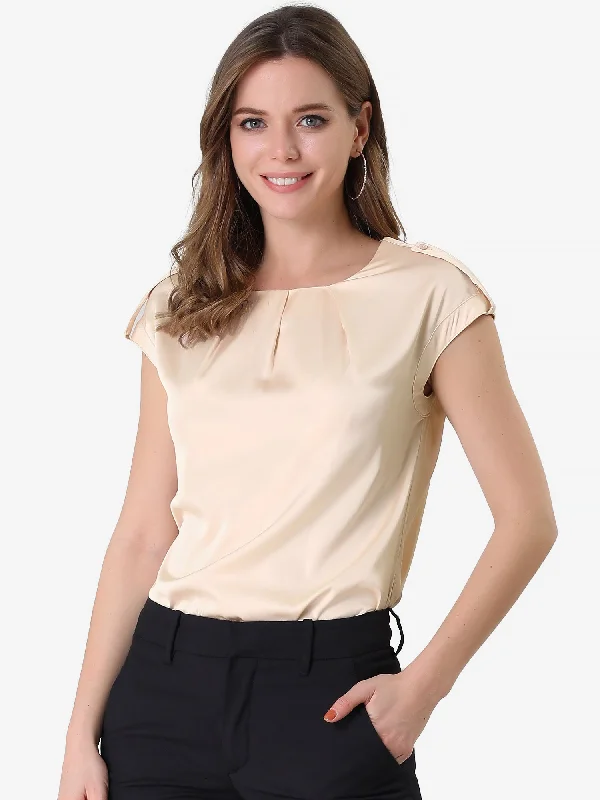 Satin Cap Sleeve Top Pleated Casual Work Office Blouse Floral Print Blouse