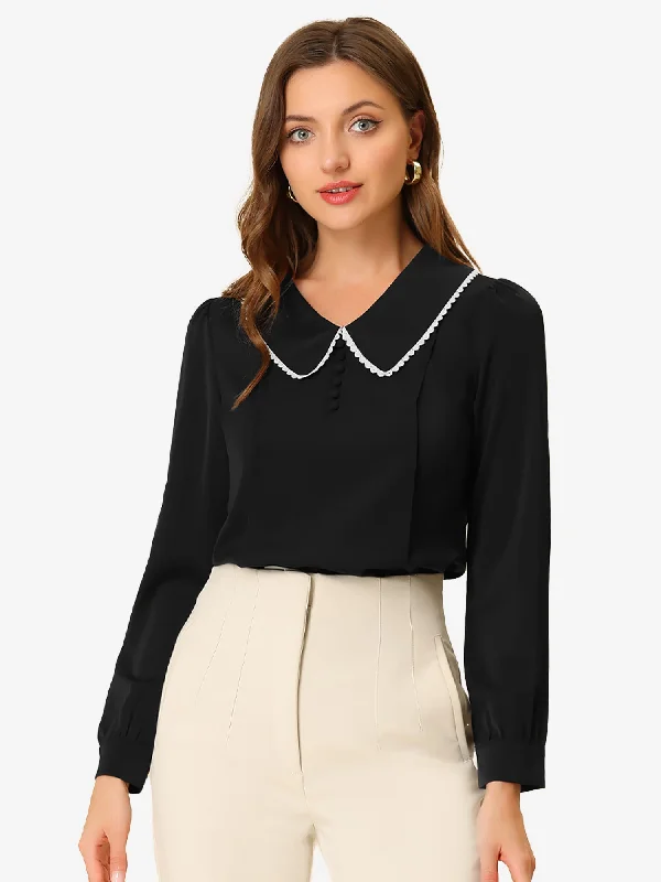 Peter Pan Collar Crochet Trim Long Sleeve Chiffon Office Blouse Wrap Front Blouse
