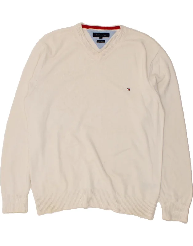 TOMMY HILFIGER Mens V-Neck Jumper Sweater 2XL White Cotton Boat Neck Shawl Collar Notched Collar