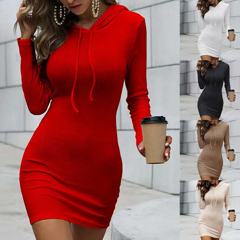 Wjczt 2022 Women's Autumn Temperament Waist Solid Color Hooded Casual Sexy V-neck Bag Hip Skirts Women Long Sleeve Sweaters Mini Dress Real Fur Shearling Chenille