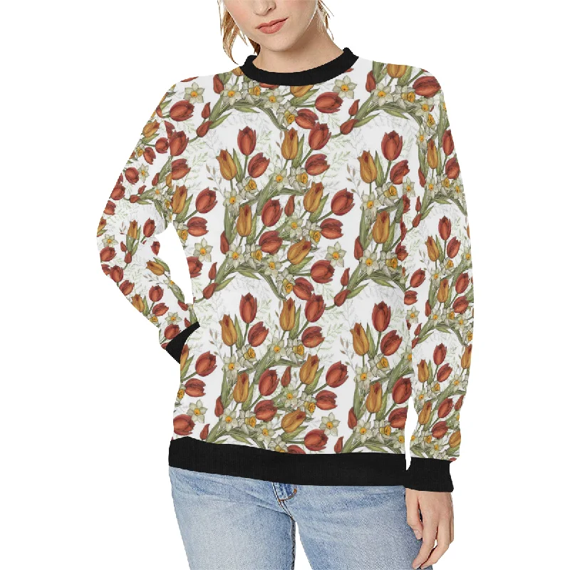 Red tulips and daffodils pattern Women's Crew Neck Sweatshirt Hoodie with Slit Hem Functional Movement