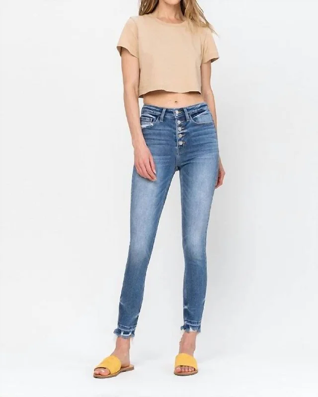 High Rise Hem Crop Skinny Jean In Medium Wash Chic Rip-Detail High-Waist Jeans