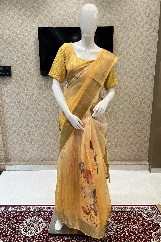 Yellow Double Layered Saree with Matching Unstitched Designer Blouse Feminine Puff Blouse Yellow Double Layered Saree with Matching Unstitched Designer Blouse Feminine Puff Blouse