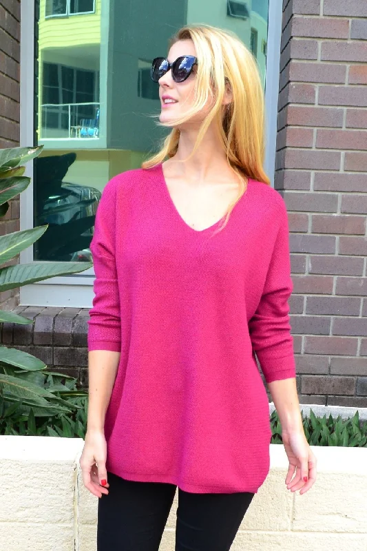 Fuchsia Zig Zag Wool Blend Tunic Jumper Houndstooth Herringbone Solid