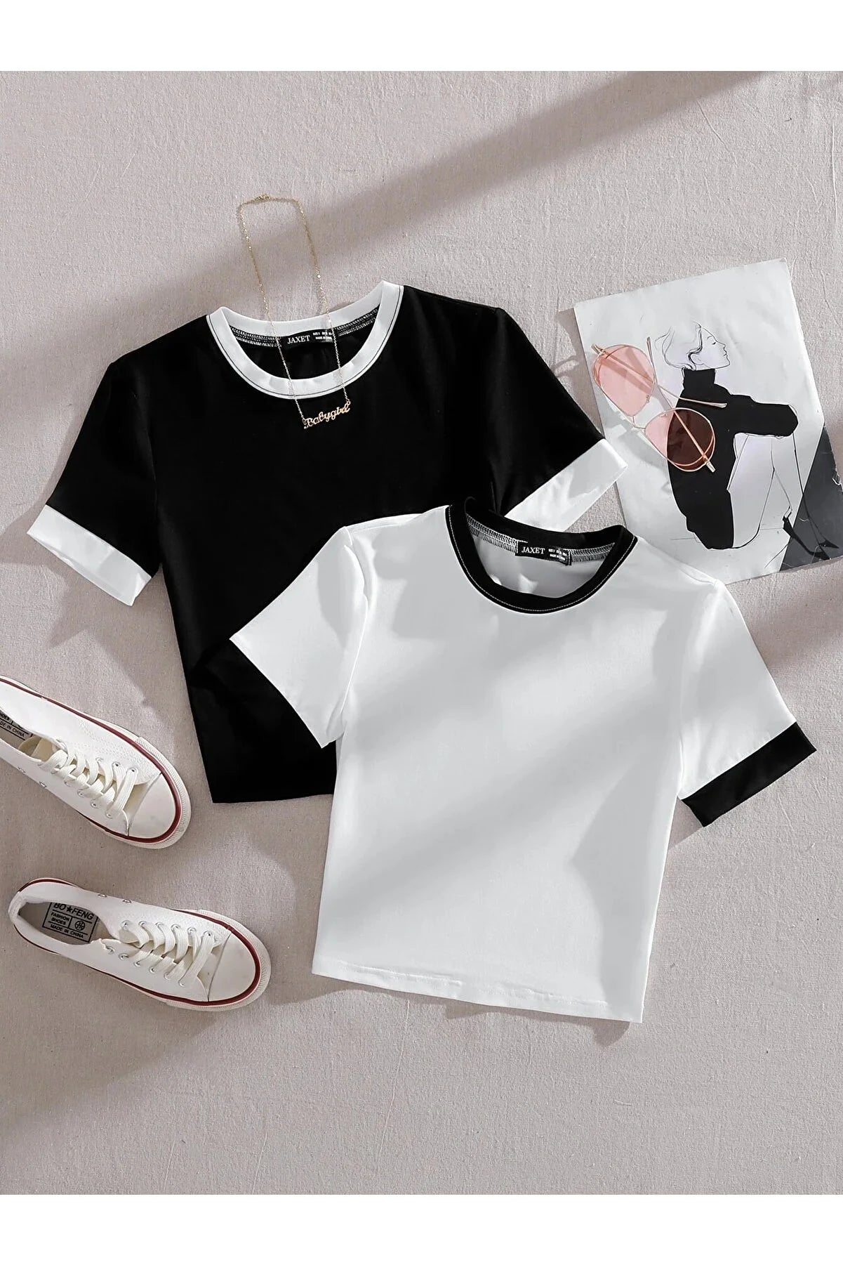 Jaxet Women's Black and White 2-Piece Crop Blouse Ruched Sleeve Blouse