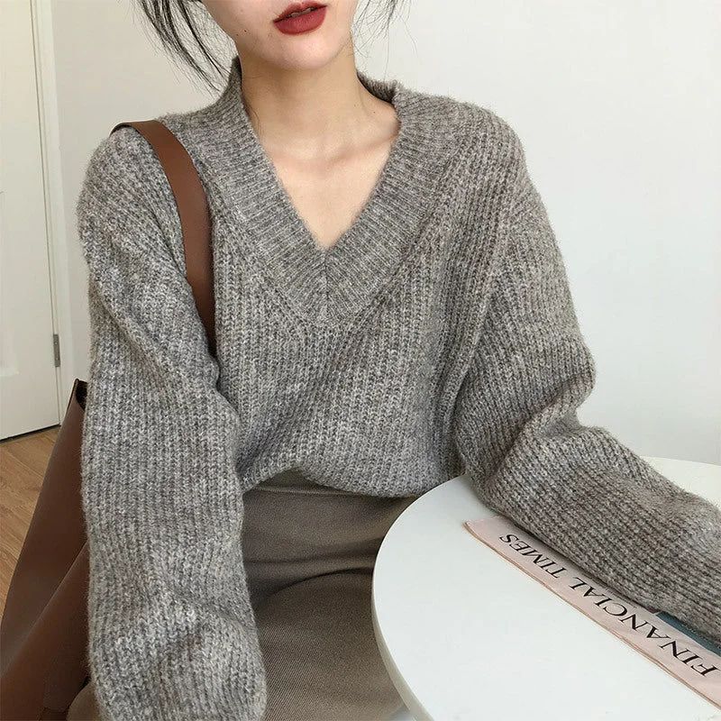 Wjczt Fall outfits Sweater Lazy Style V-neck Pullover Women's Loose 2024 Autumn and Winter Korean Style New Retro Women's Sweater Mesh Sweater Canvas Denim