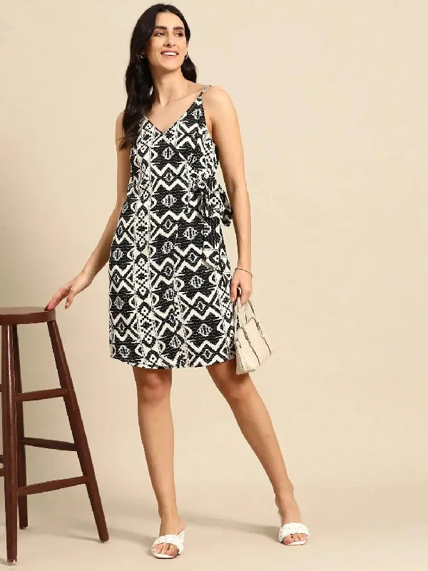 Overlap Mini Dress with side tie up in Black and Cream Ikkat Print Comfortable Ruffle Mini Dress