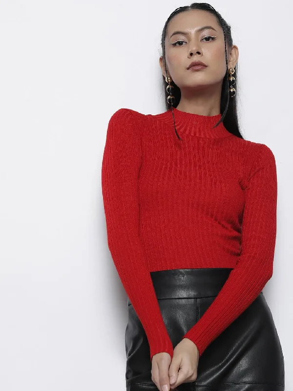 Women Red Rib High Neck Full Sleeves Sweater Chenille Fabric Brocade Fabric Lace Fabric Women Red Rib High Neck Full Sleeves Sweater Chenille Fabric Brocade Fabric Lace Fabric