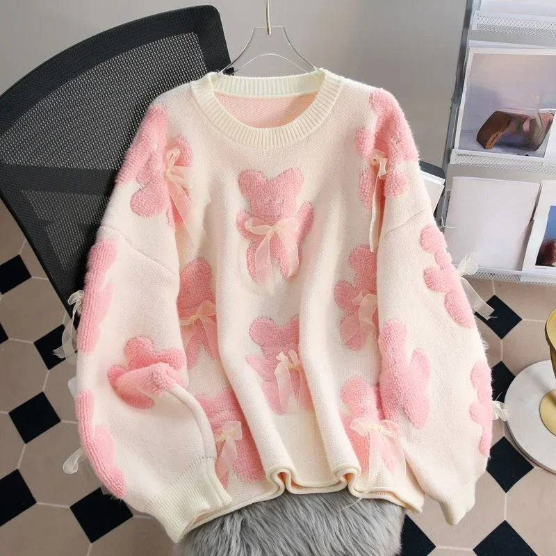 Wjczt Cartoon Pink Women Sweaters Bows Autumn Winter Korean Fashion Sweet Pull Femme Kawaii Loose Warm Retro Pullovers Spandex Blend Rayon Blend Denim Blend