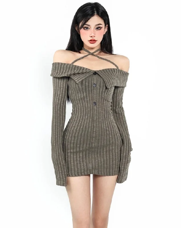 Trixie Off The Shoulder Halter Ribbed Long Sleeve Button Up Slim Mini Dress Cozy Ruched Mini Dress